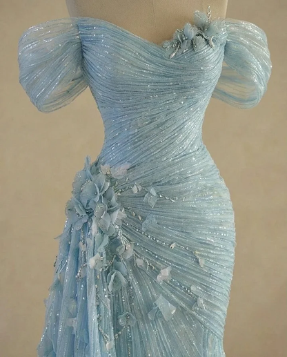 Dreamy Sky Blue Off-The-Shoulder Pleated Sequins Evening Dress With Side Train