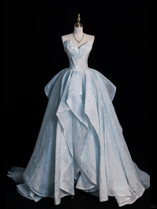 Cute A Line Straps Sky Blue Satin Tulle Long Evening Dresses Party Dresses SH2673