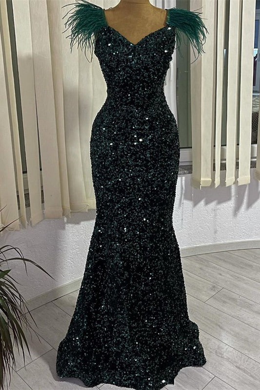 V-Neck Sequins Mermaid Dark Green Evening Dress With Feather