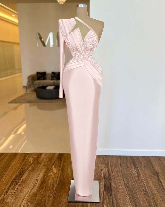 Noble Fuchsia One Shoulder Long Sleeve  Mermaid Evening  Dress With Beads
