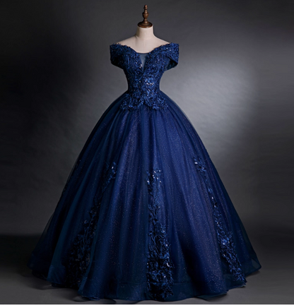 Luxurious Court Navy Blue One-Shoulder Embroidered Sequin Tulle Ball Gown Evening Dress Sweet 16 Dress P4407