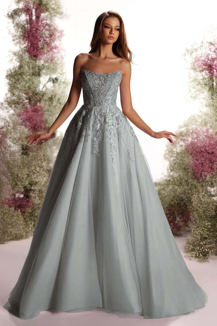 Beautiful Purple Tulle Sleeveless Strapless Applique A Line Prom Dress with Pleated