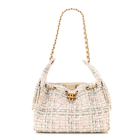 Tweed Quilted Small Chanel 25 Handbag Ecru Khaki Gold Red