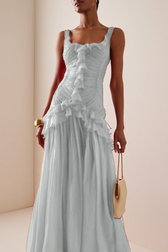 Elegant Ruffled Red Sleeveless Square Long Prom Dress With Pleated
