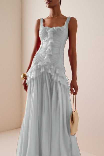Elegant Ruffled Red Sleeveless Square Long Prom Dress With Pleated
