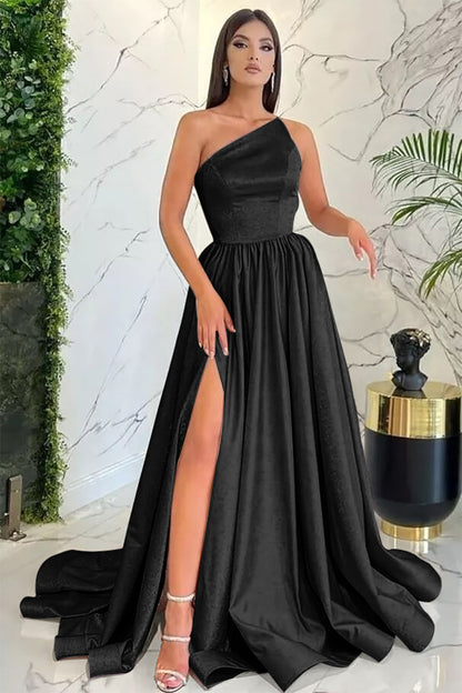 Light Pink One Shoulder Sleeveless Evening Dress with Slit