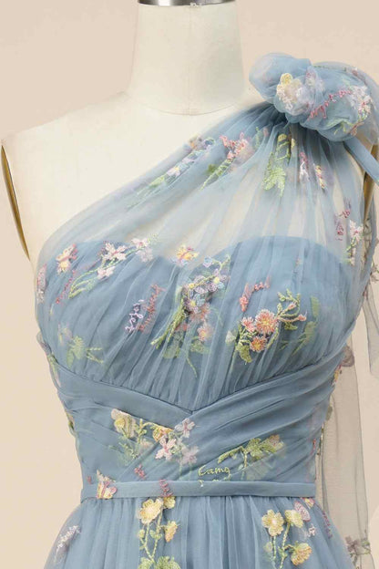 One Shoulder Empire Floral Tulle A-Line Prom Party Dress