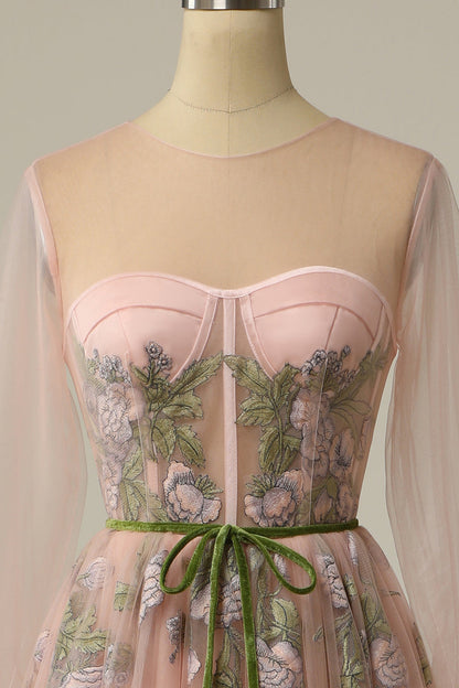 Round Long Sleeves Tulle A-Line Appliques Party Prom Dress