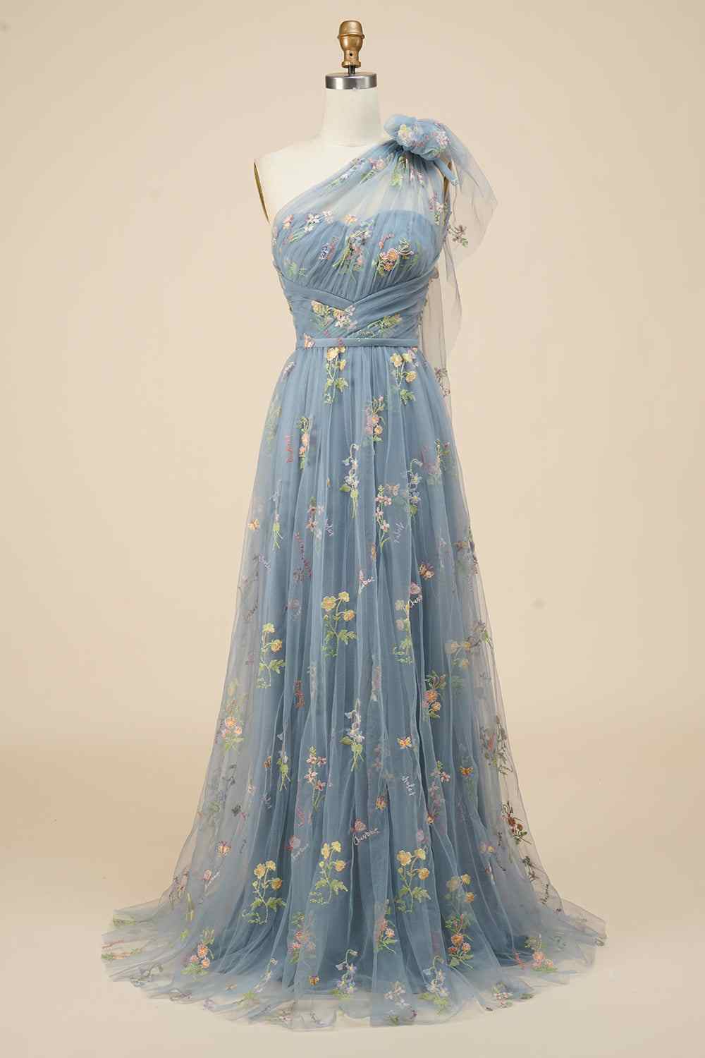 One Shoulder Empire Floral Tulle A-Line Prom Party Dress