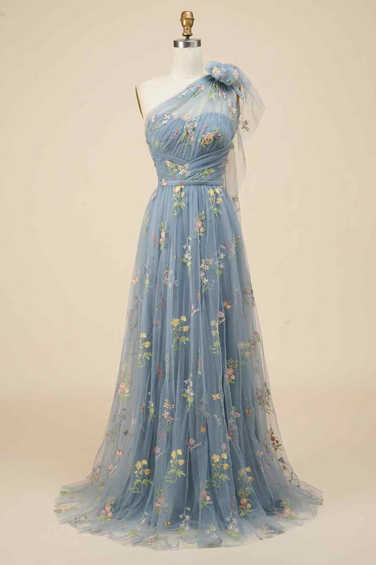 One Shoulder Empire Floral Tulle A-Line Prom Party Dress