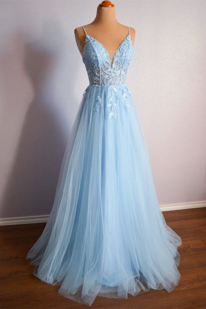 Lace Top Tulle A-Line V-Neck Sleeveless Party Prom Dress