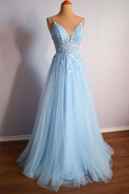 Lace Top Tulle A-Line V-Neck Sleeveless Party Prom Dress