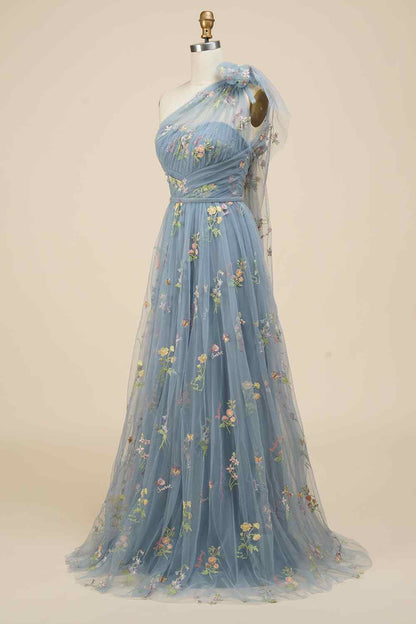 One Shoulder Empire Floral Tulle A-Line Prom Party Dress