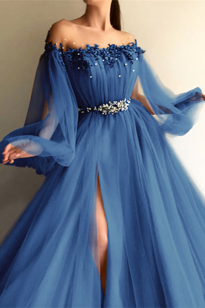 Chic Off-the-Shoulder Long Sleeves Elegant Evening Dresses With Beads