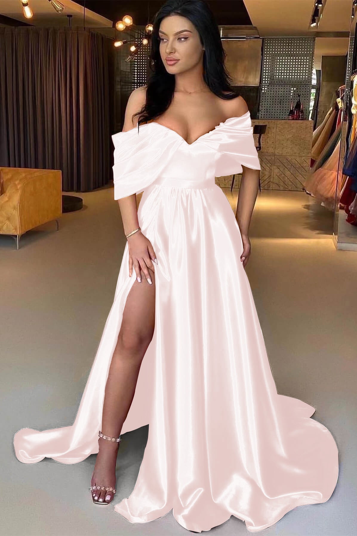 Red A Line Off The Shoulder Prom Dress Split
