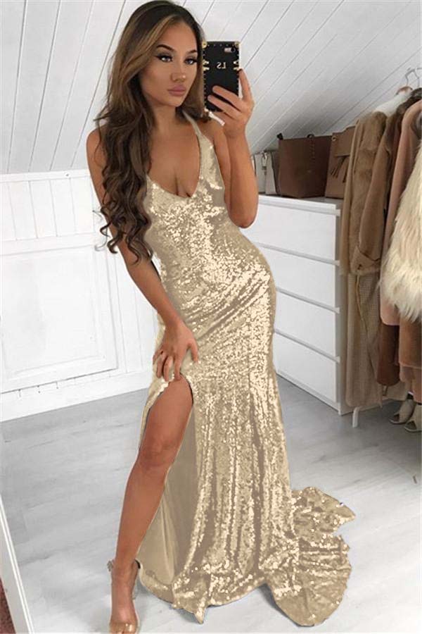Dark Navy Sequins Prom Dress Modern V-Neck