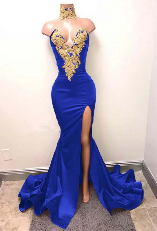 Mermaid Burgundy V-Neck Prom Dress Split With Lace Appliques