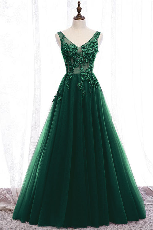 Purple Applique Long A-line Prom Dress With V-Neck Open Back