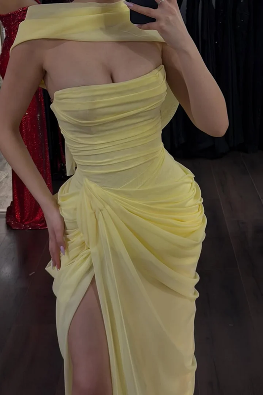 Elegant Yellow Sleeveless Strapless Split Long Evening Dress With Scarf