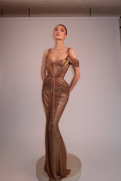 Gold Long Prom Dress Mermaid Sleeveless with Sequins