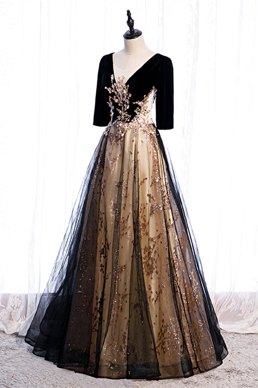 Chic A-Line V-Neck Half Sleeves Appliques Party Prom Dress