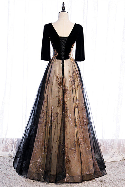 Chic A-Line V-Neck Half Sleeves Appliques Party Prom Dress