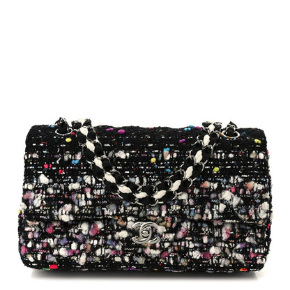 Tweed Quilted Medium Double Flap Black White Yellow Pink
