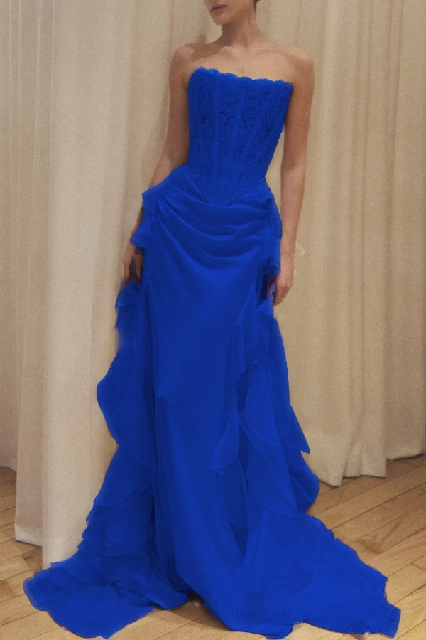 Elegant Ivory Strapless Evening Dress Sleeveless Lace with Train