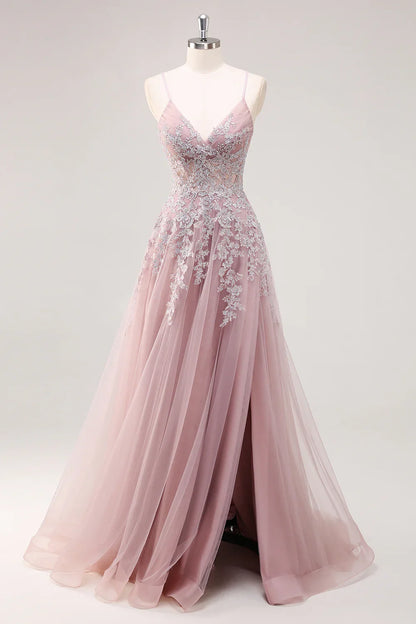 Lavender A Line Spaghetti Straps Appliques Beaded Tulle Long Prom Dress Graduation Prom with Slit SH2651