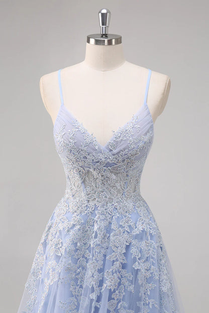 Lavender A Line Spaghetti Straps Appliques Beaded Tulle Long Prom Dress Graduation Prom with Slit SH2651