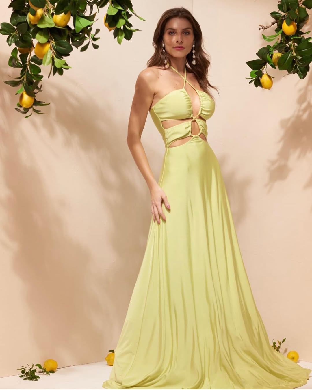 Yellow Sleeveless Halter Straps Deep V-Neck Mermaid Prom Dress