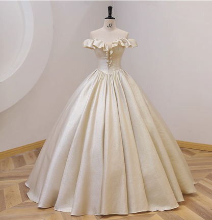 Elegant Vintage One-Shoulder Ruffle Shiny Satin Ball Gown Evening Dress Sweet 16 Dress P4413