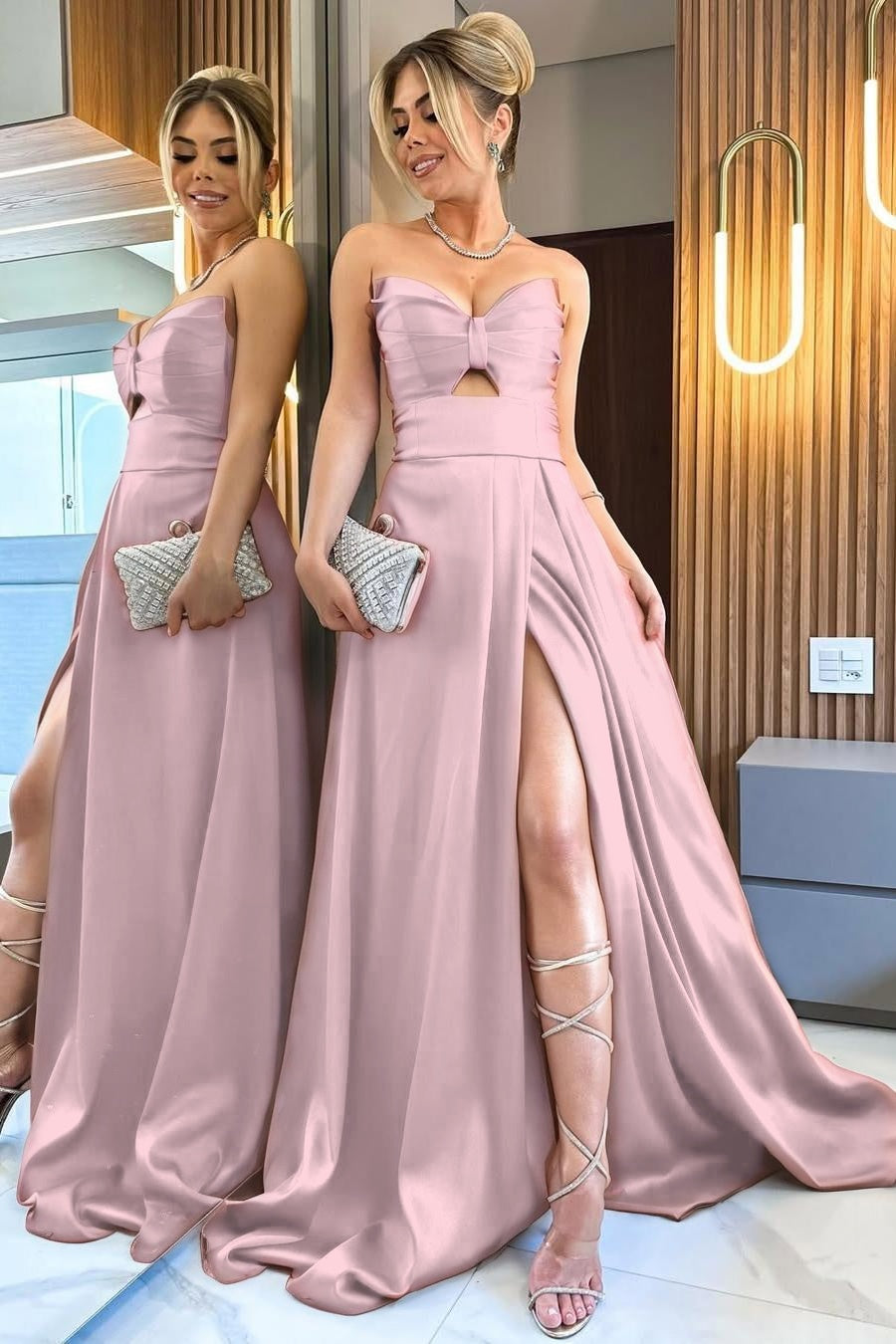 Elegant Satin Sweetheart Sleeveless Strapless Long Pleated Prom Dress with Split