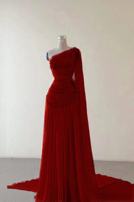 Glamorous Pink Sleeveless One Shoulder Long Evening Dress With Train