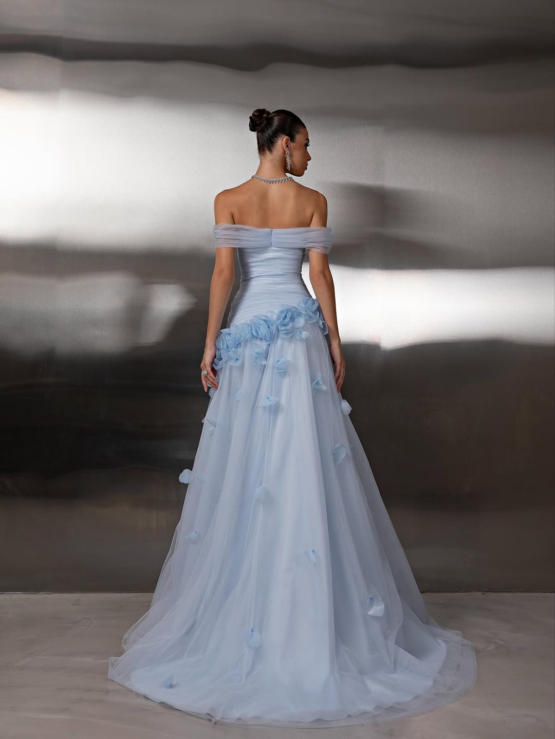 Off Shoulder Sleeveless A-Line Handmade Flower Prom Dress