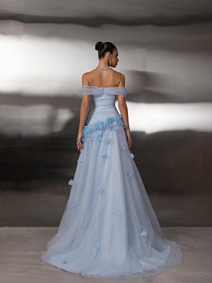 Off Shoulder Sleeveless A-Line Handmade Flower Prom Dress