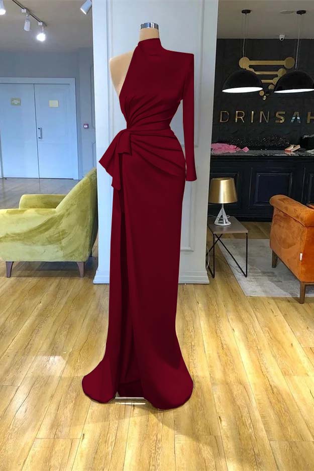 High Neck Champagne Mermaid Prom Dress Long Sleeves Split