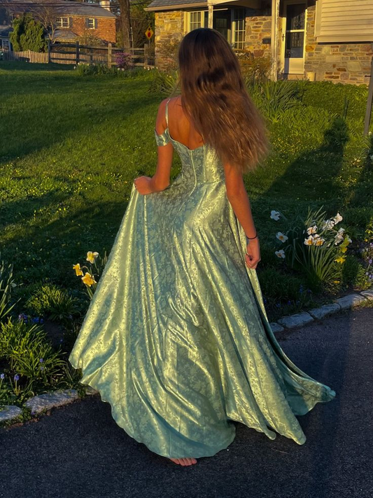Pretty Green Spaghetti Straps Off The Shoulder Satin Print Floral A Line Prom Dress Long Party Gown D809