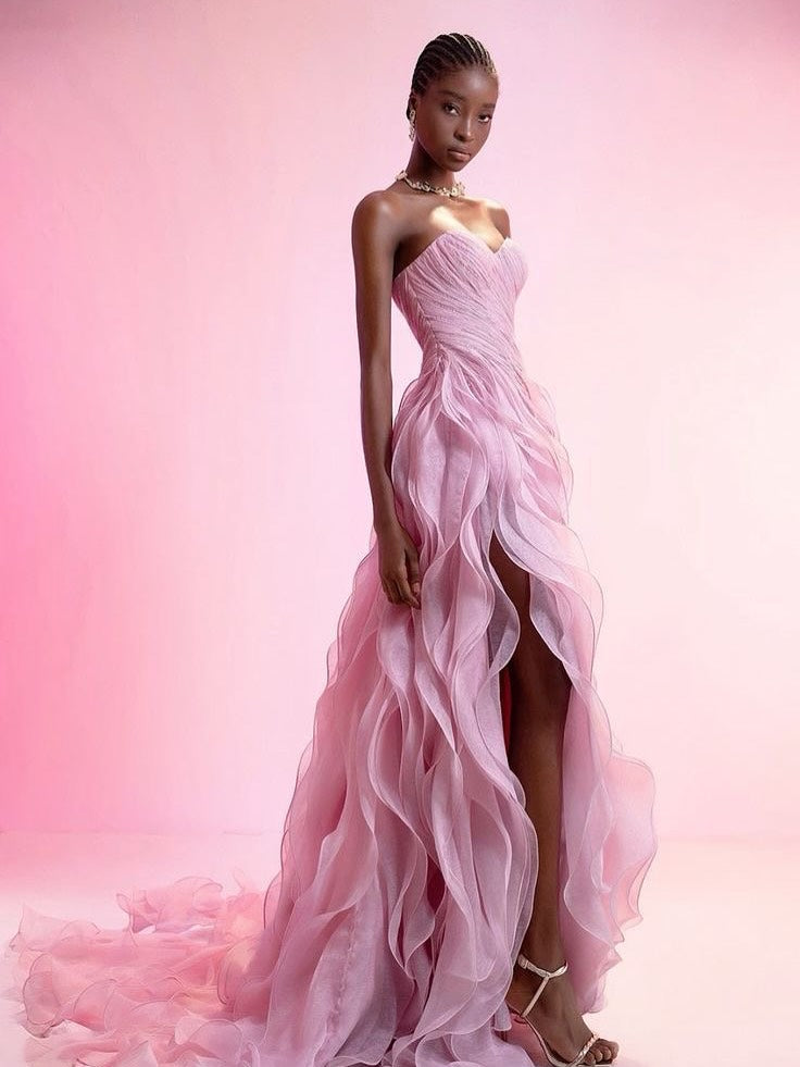 Sleeveless Sweetheart Strapless Irregular Wave Long Prom Dress With Slit