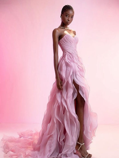 Sleeveless Sweetheart Strapless Irregular Wave Long Prom Dress With Slit