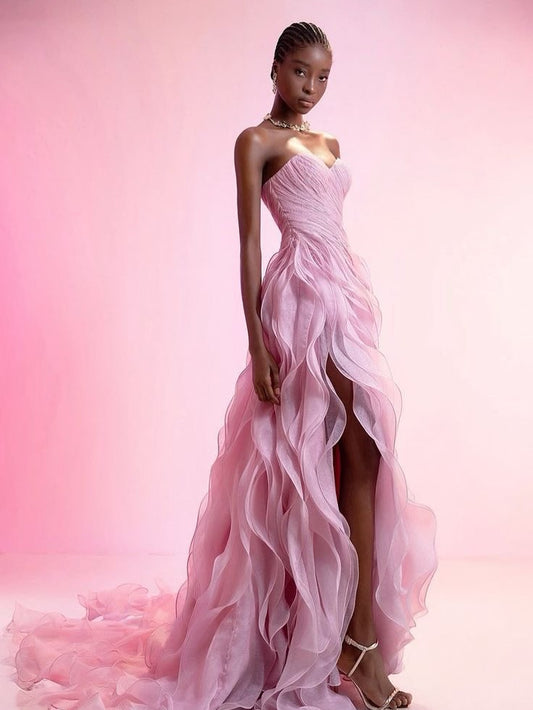 Sleeveless Sweetheart Strapless Irregular Wave Long Prom Dress With Slit