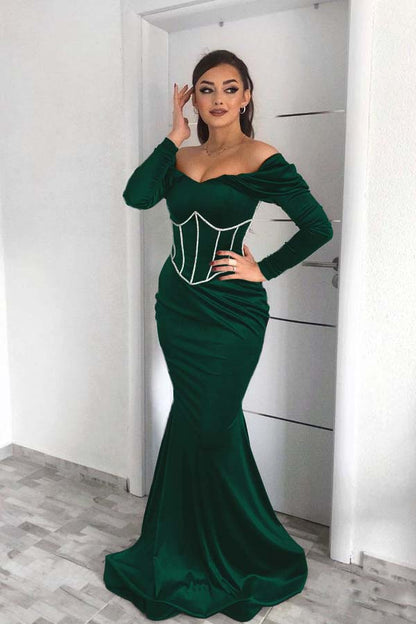 Emerald Long Sleeves Mermaid Evening Dress With Appliques