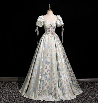 Dreamy Butterfly Jacquard Square Neck Puff Sleeve Satin Long Ball Gown Evening Dress Sweet 16 Dress P4417