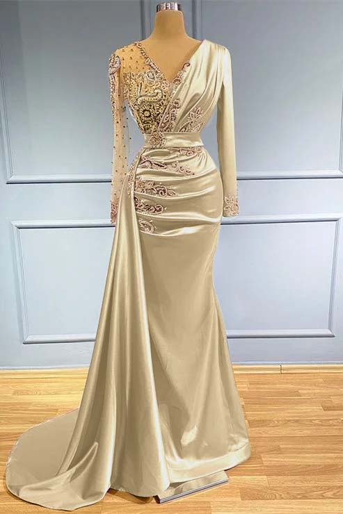 Long Sleeves Beadings Prom Dress V Neck Mermaid