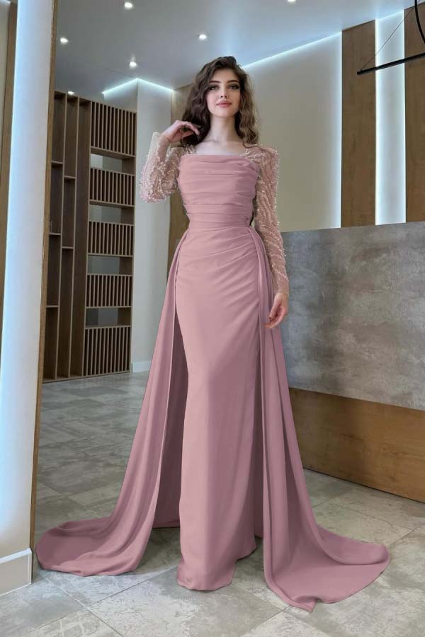 Gentle Beaded Long Sleeves Prom Dress With Detachable Trail