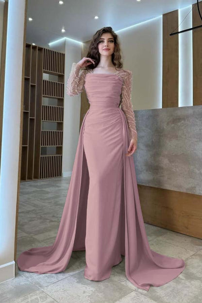 Gentle Beaded Long Sleeves Prom Dress With Detachable Trail