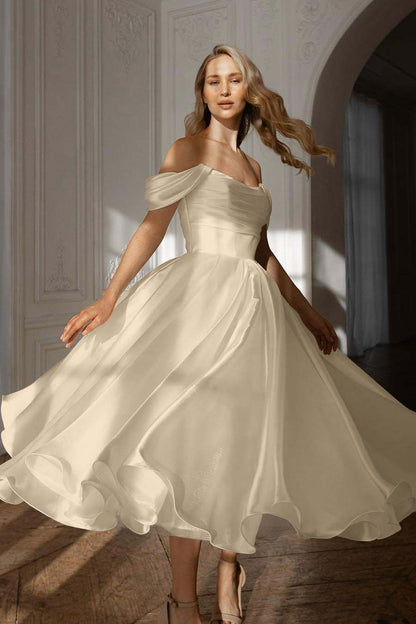 Exquisite White Satin Strapless Off the Shoulder A Line Prom Dress with Ruffles