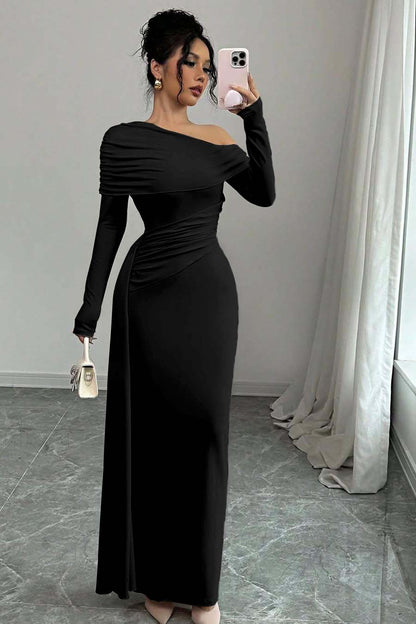 Long Sleeves One-Shoulder Pleated Mermaid Prom Dress
