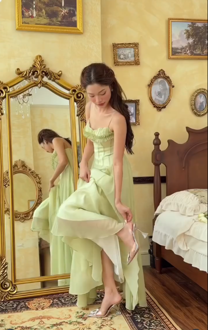 Green A Line Spaghetti Strap Chiffon Long Prom Dress Outfits SH4778