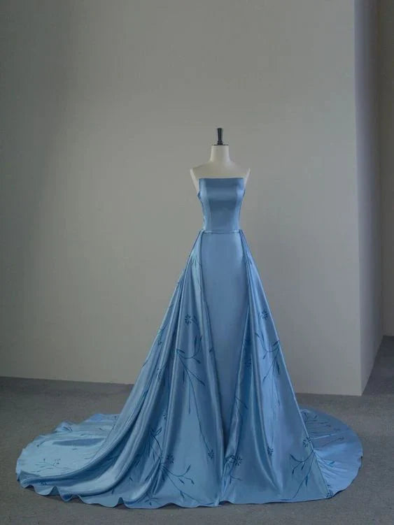 Blue Strapless  A-Line Satin Long Prom Dress, Blue Formal Evening Dress ED01276